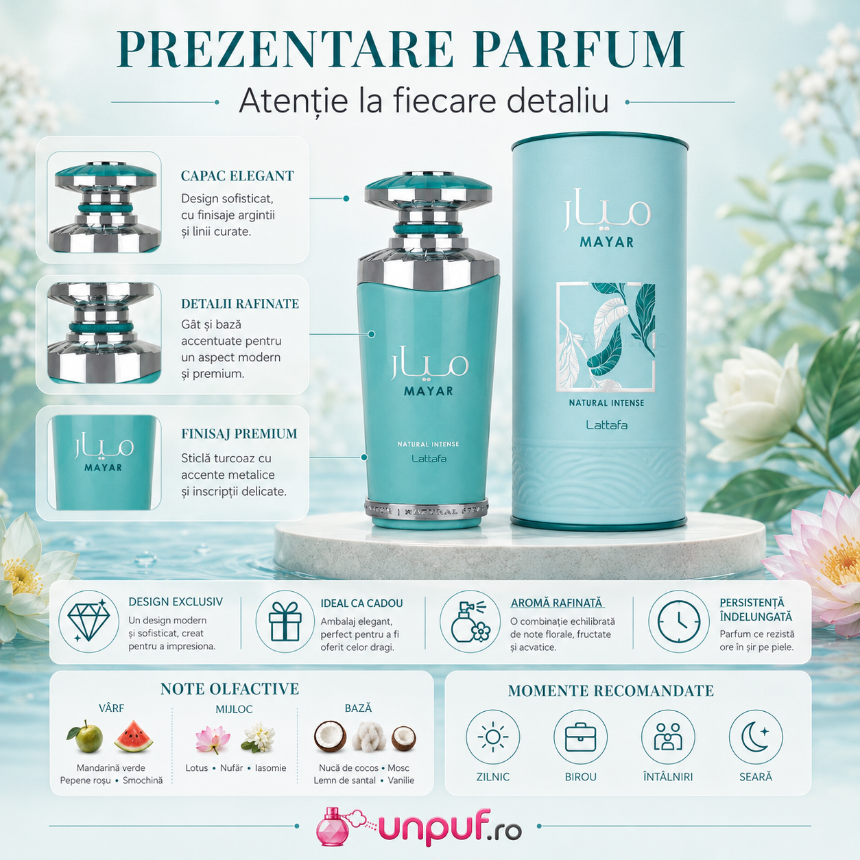 Parfum arabesc Lattafa Mayar Natural Intense EDP 100 ml damă, aromă proaspătă acvatică florală și fructată